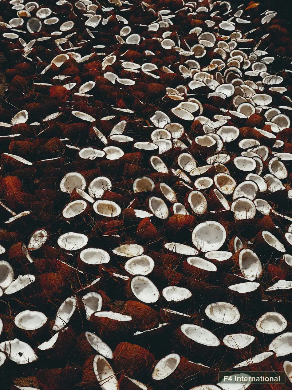 Halved mature coconuts showing fresh interior quality